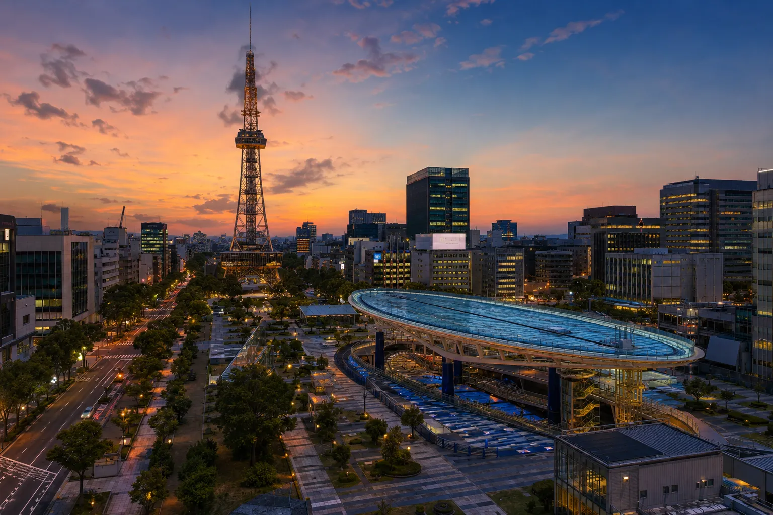 夕暮れの名古屋の街並み
